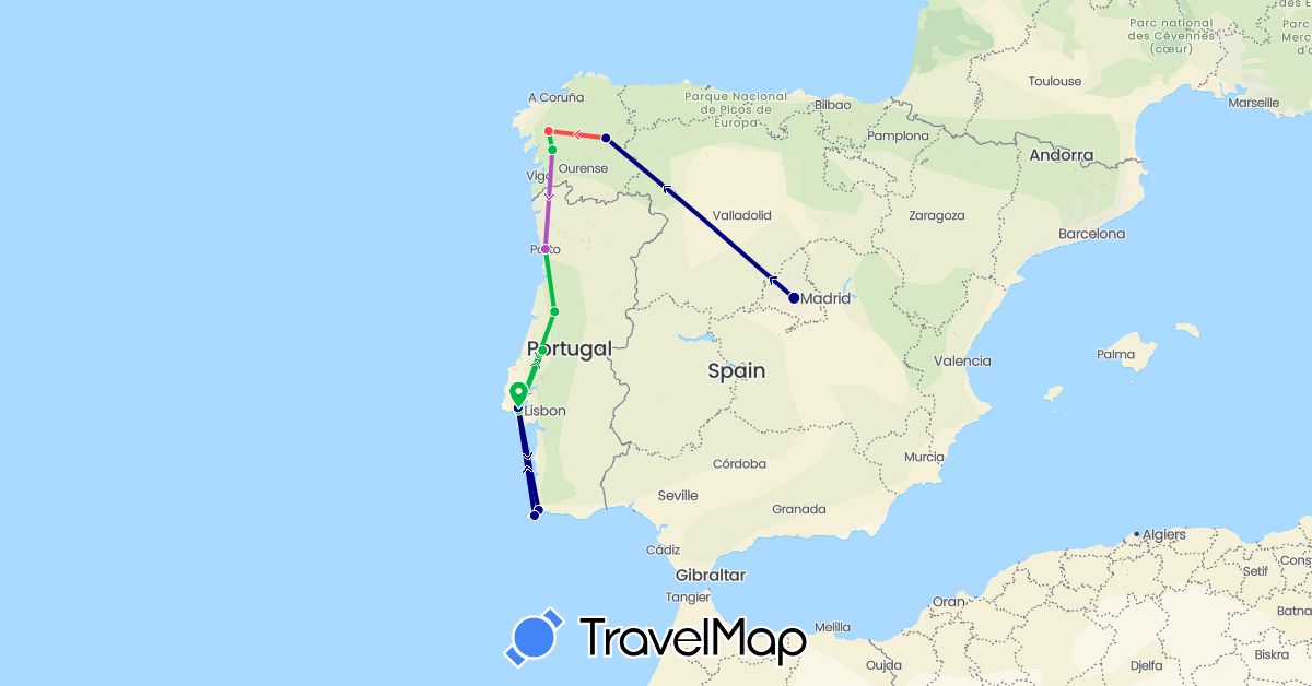 TravelMap itinerary: driving, bus, train, hiking in Spain, Portugal (Europe)
